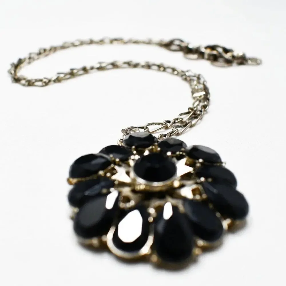 Lucky Brand Black Rhinestone Flower Pendant Necklace, 18 Inches, Distressed